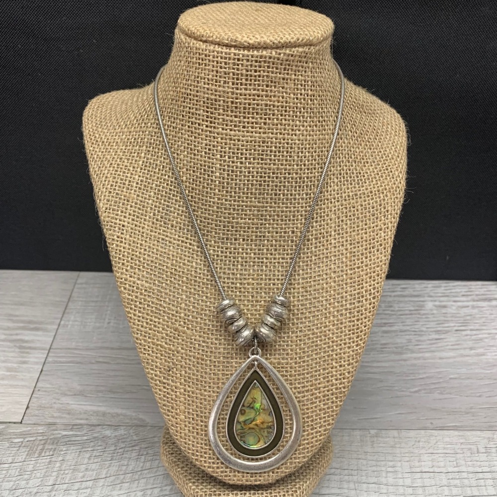 Silver Tone Abalone Shell Teardrop Pendant Snake Chain Necklace Boho 16" 5673